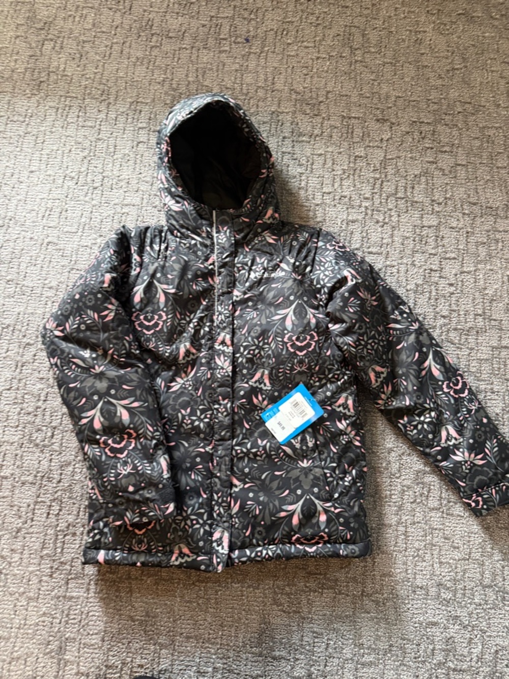 Columbia Kids Black Hooded Floral Puffer Jacket with Pink Accents
